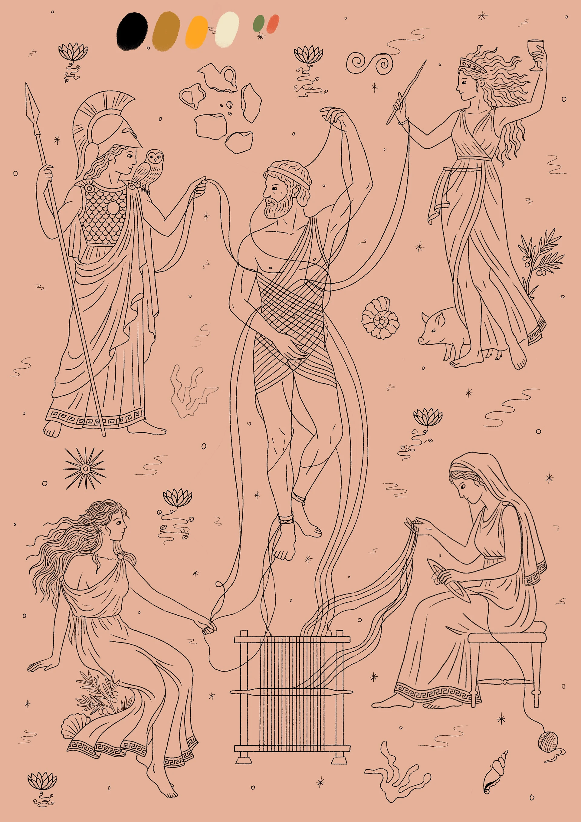 Early character studies and colour exploration for the Odyssey illustration