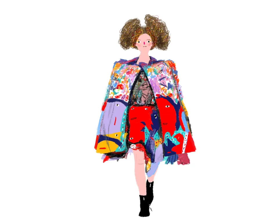 Full figure wearing a colourful patchwork cape and red skirt, a personal fashion illustration
