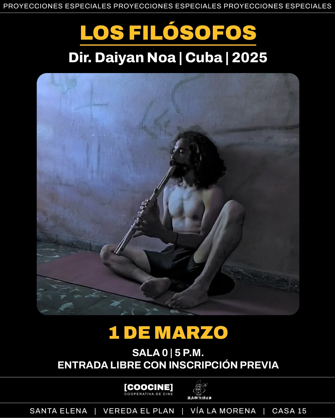 Afiche original de Los Filósofos en negro y amarillo, con fotograma, Sala 0, fecha, hora y datos de entrada libre.