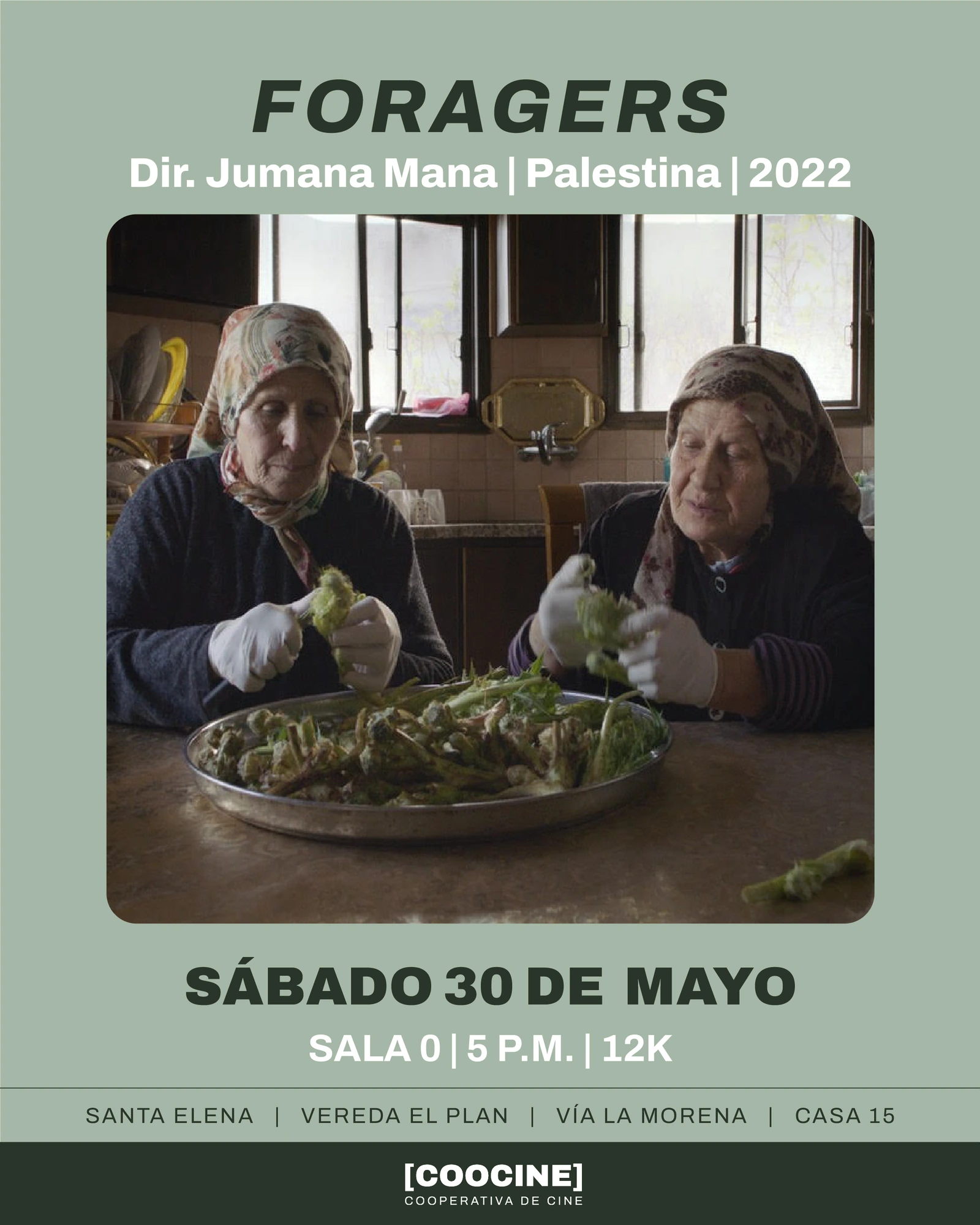Afiche original de Foragers en verde salvia, con fotograma, Sala 0, fecha, hora y dirección.