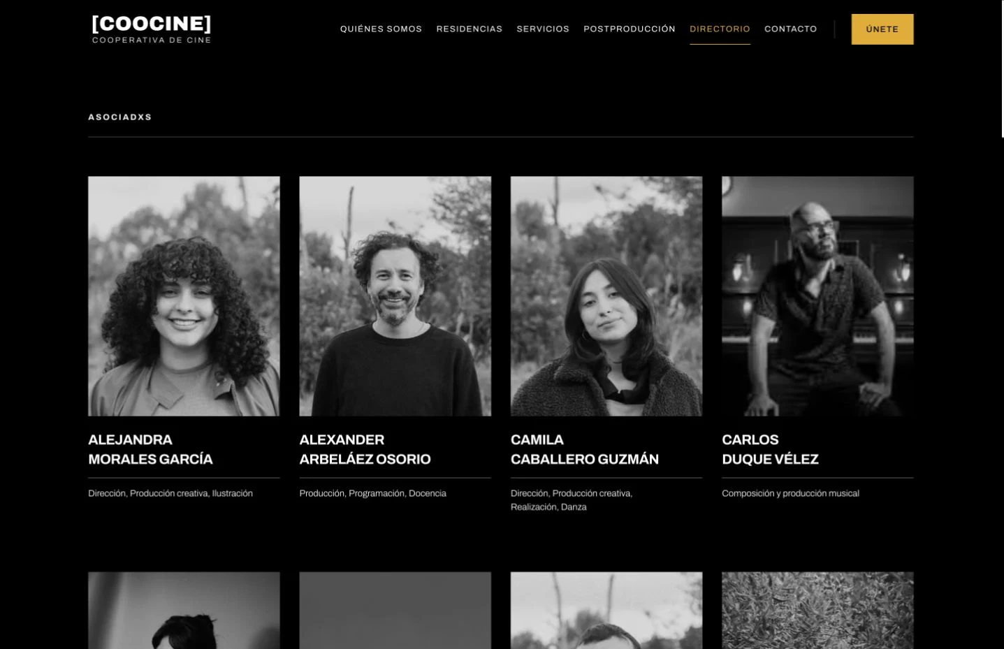 Coocine directory on desktop, arranged as a grid of member portraits and their disciplines
