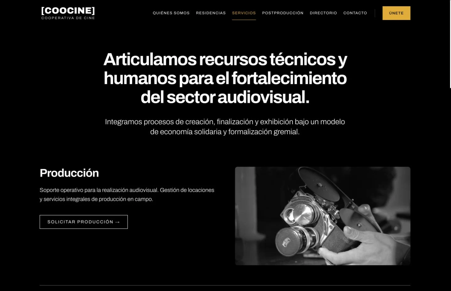 Coocine services page, with a production enquiry and a photograph of a film camera