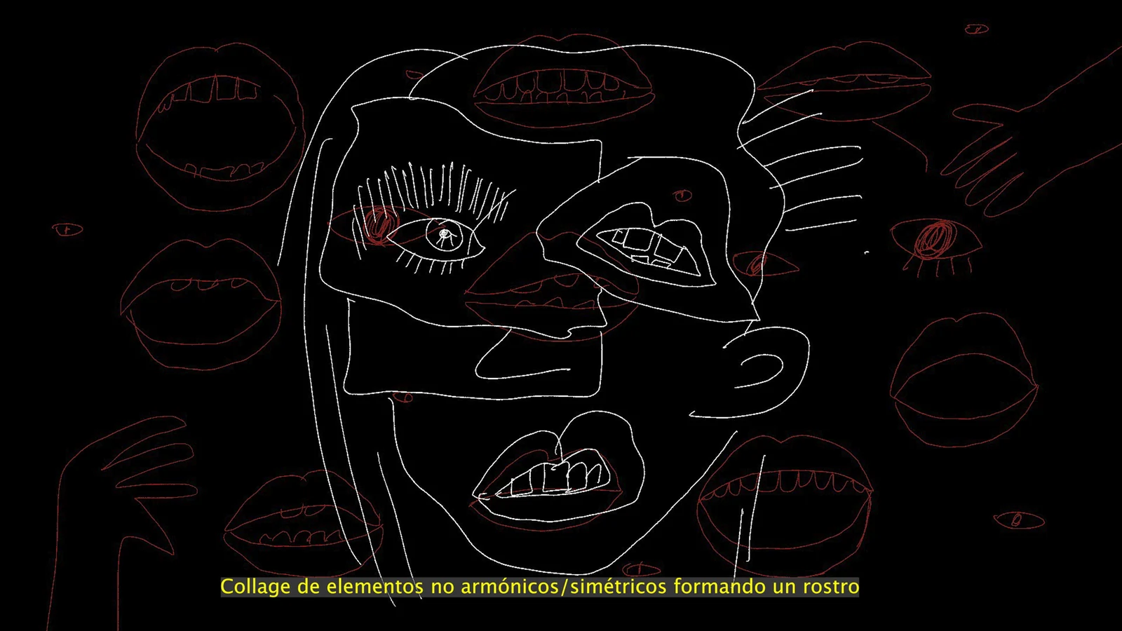 Early storyboard: a face assembled from eyes, ears, mouths and noses