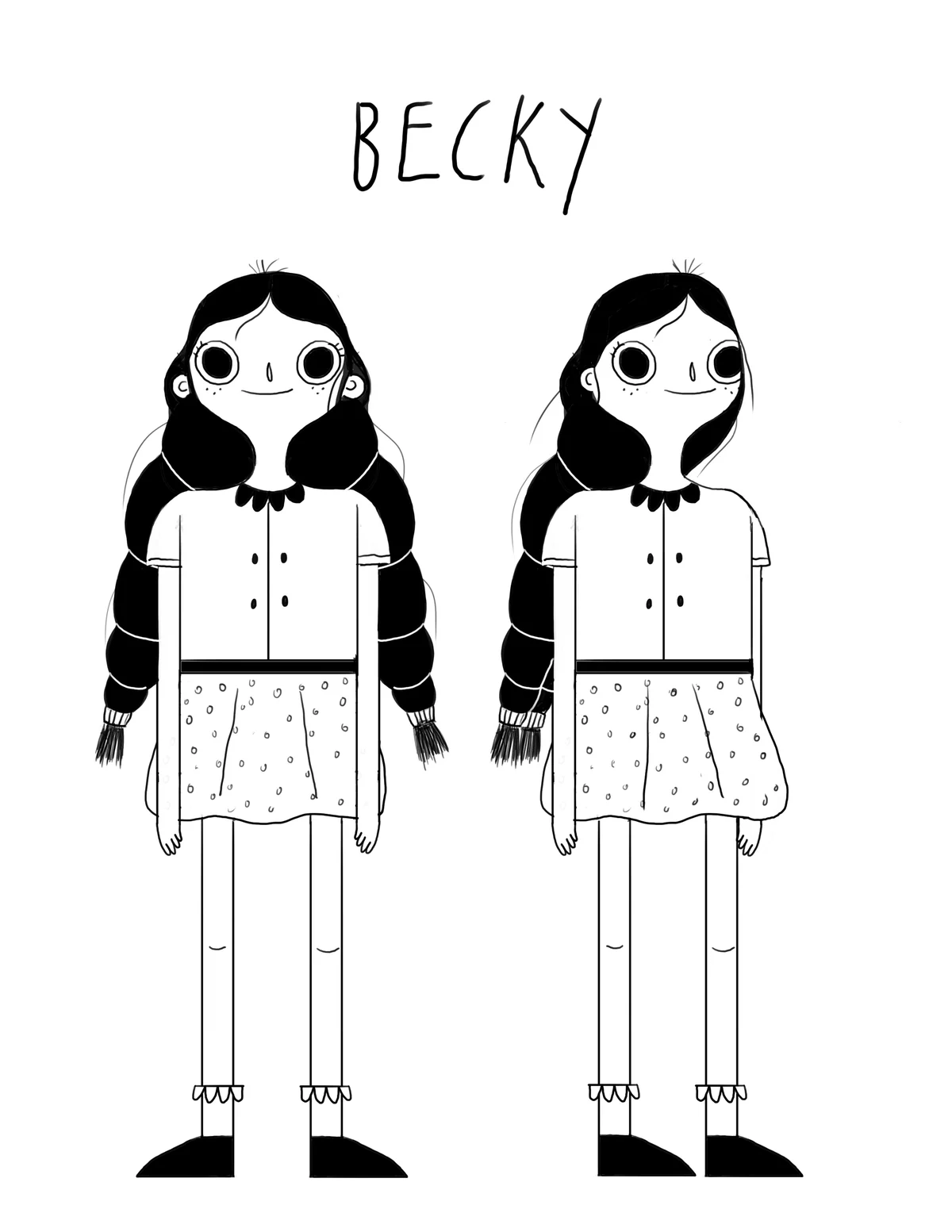 Black-and-white character design drafts for Becky