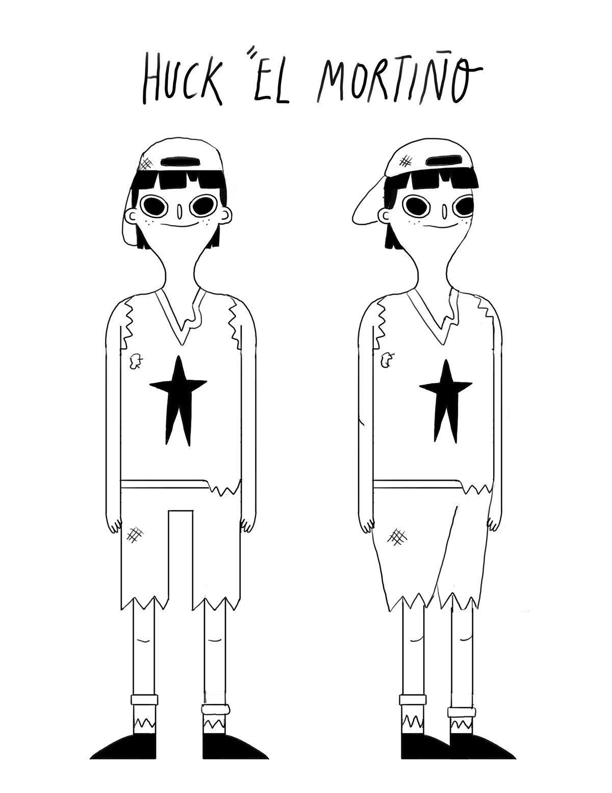 Black-and-white character design drafts for Huck el Mortiño