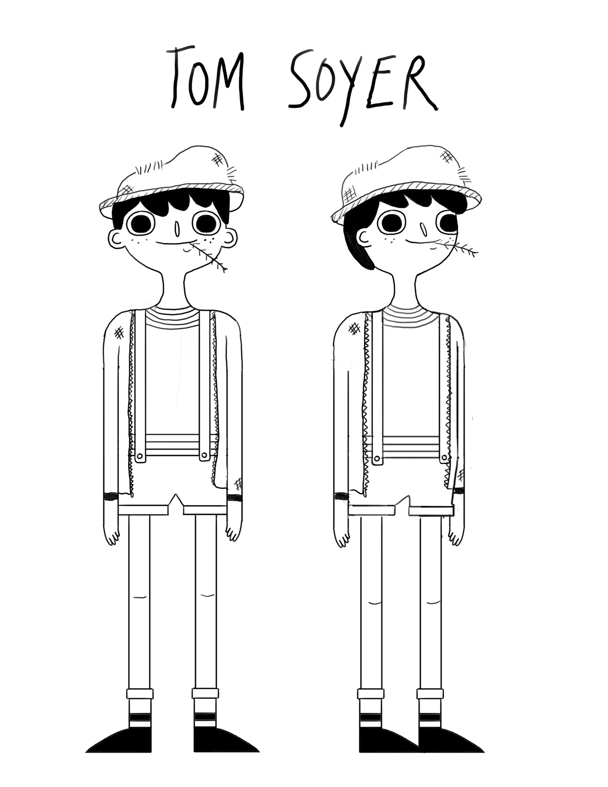 Black-and-white character design drafts for Tom Sóyer