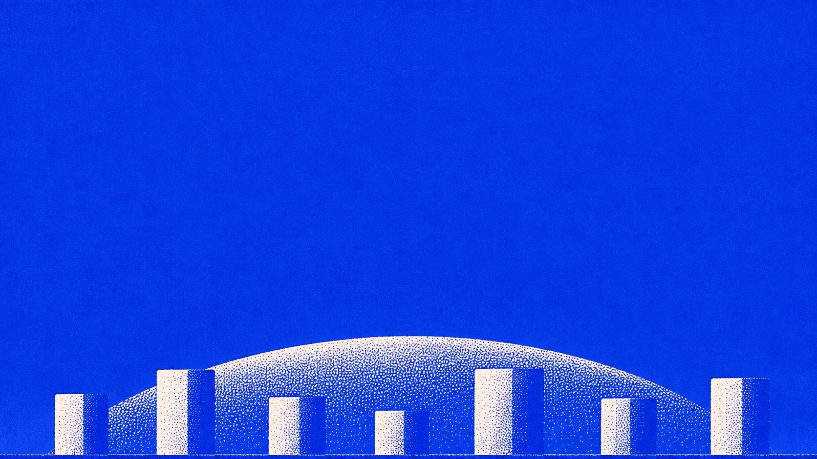 MAG7 composition study: a cream arc connects seven towers against cobalt blue