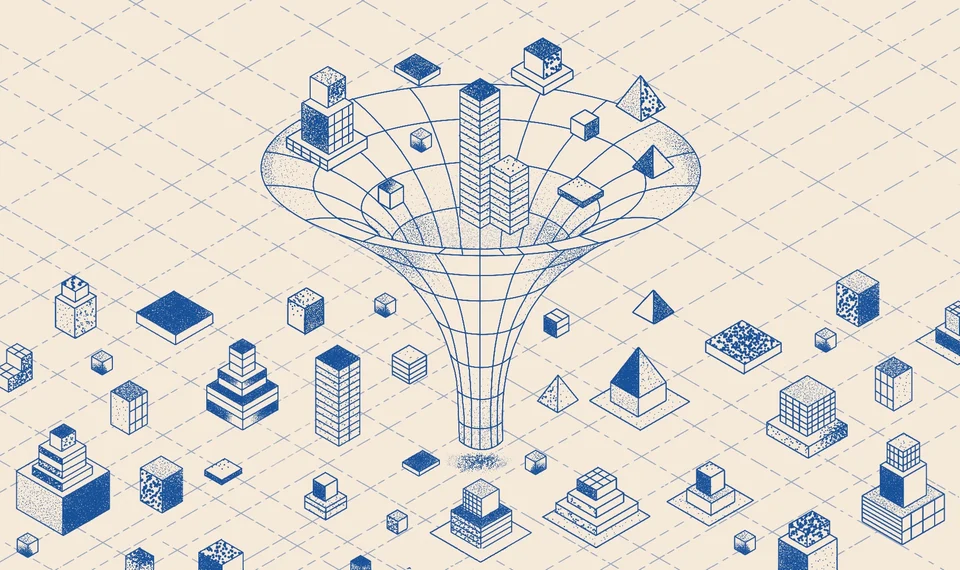 A geometric funnel connecting financial structures, illustration for fintechs and neobanks