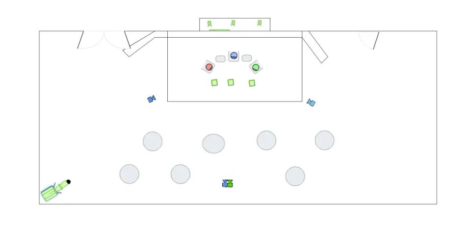Top-down room layout for Monetarium Dialogs: a rectangular stage at the upper centre, seven circular tables in two rows, and smaller equipment marks at the front and back. No dimensions or key are shown.
