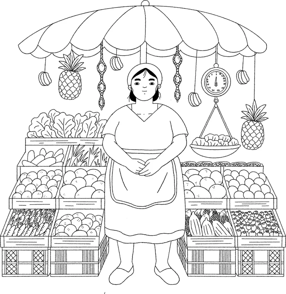 Line sketch: market vendor