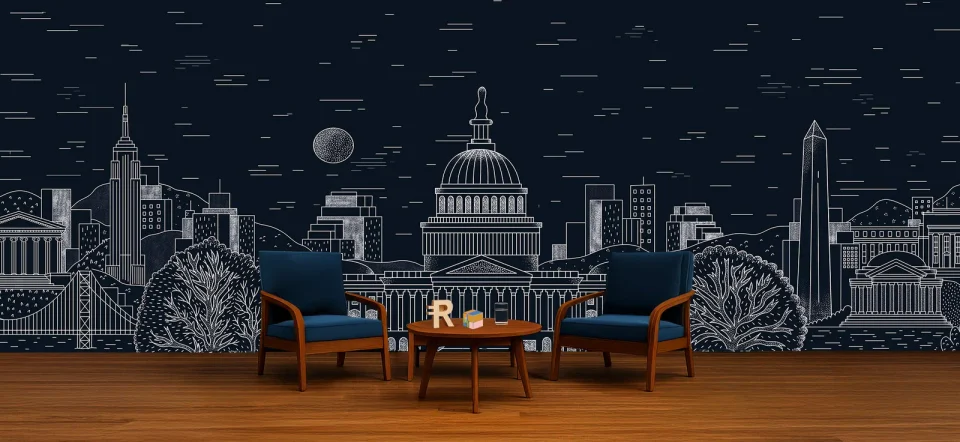 Monetarium Dialogs set: two armchairs and a table in front of the skyline backdrop