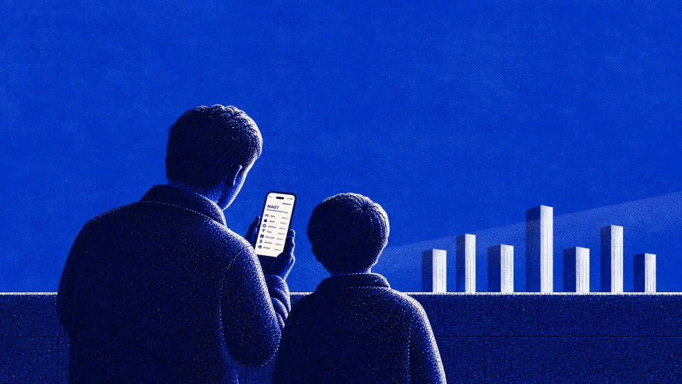 MAG7, shot four: the father shows the child a phone while seven towers rise in the distance