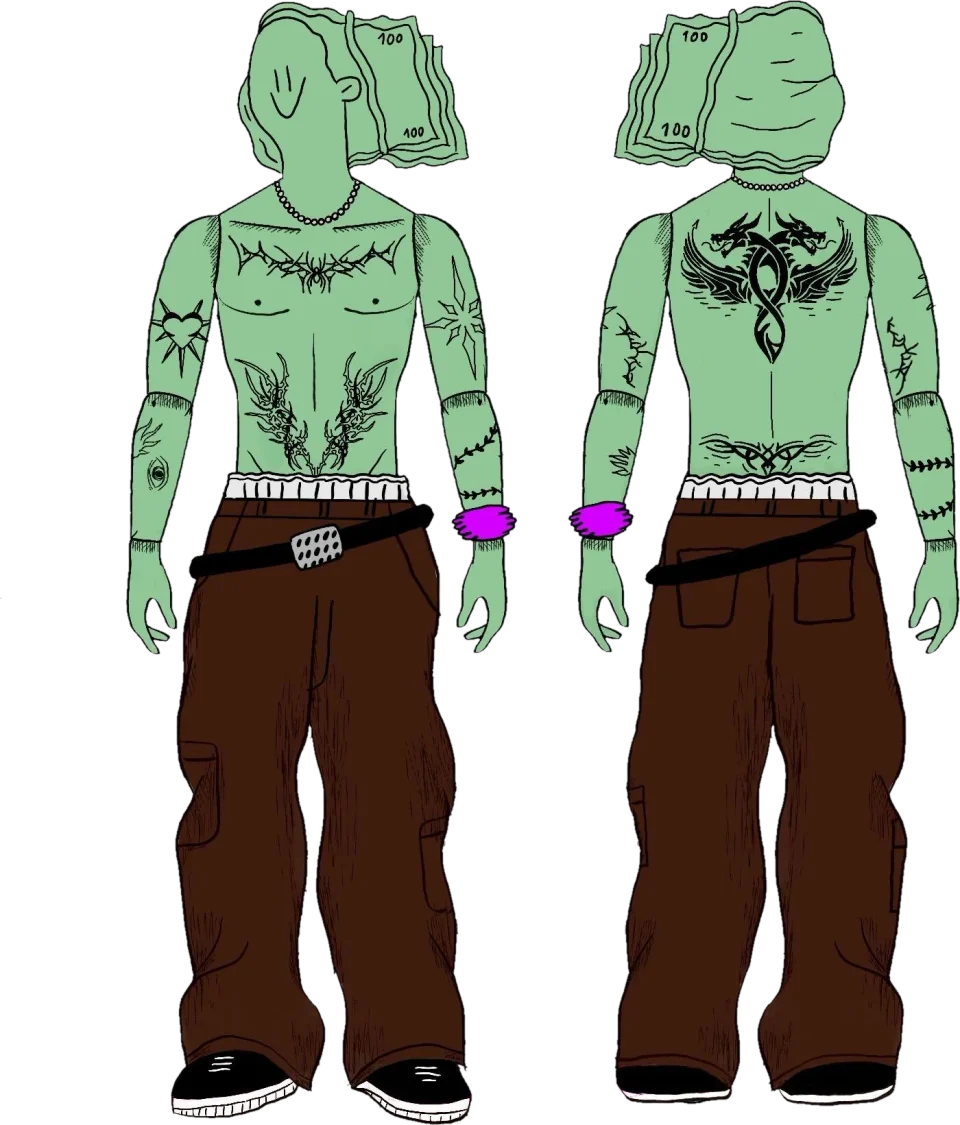 Uglyman, the character of UGLYCASH, front and back: a green figure with a stack of cash for a head, tattoos and brown trousers