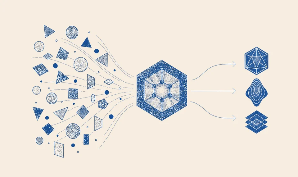Geometric forms converging into a governance mechanism, vote locking illustration
