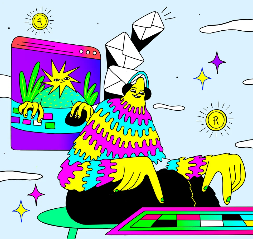 Illustrated character in a striped poncho with coins