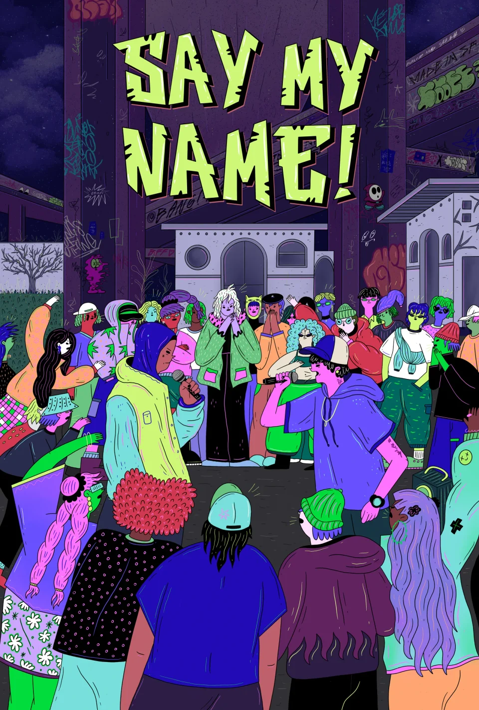 Say My Name: a poster of a crowd gathered in a night street
