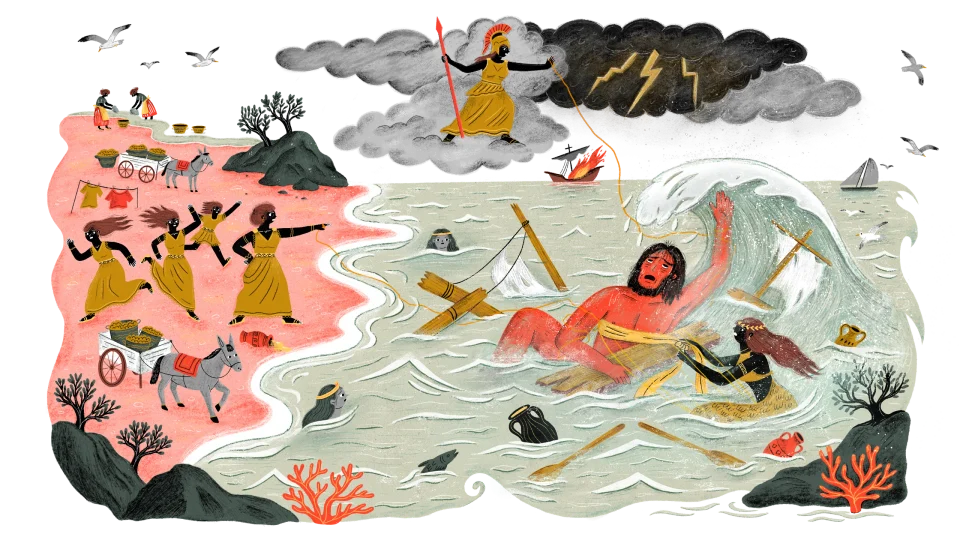 La Odisea: a complicated man. The finished opening illustration, Odysseus and Athena among clouds and rocks above a stylised sea