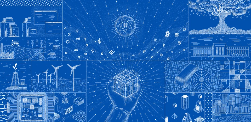 Reserve.org homepage illustration: a blueprint mural of world assets, technology and a hand holding a tokenized cube