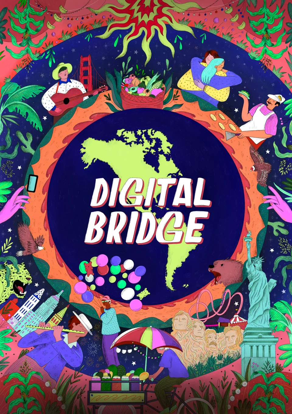 Digital Bridge: a poster of the Americas inside a ring of people and landmarks