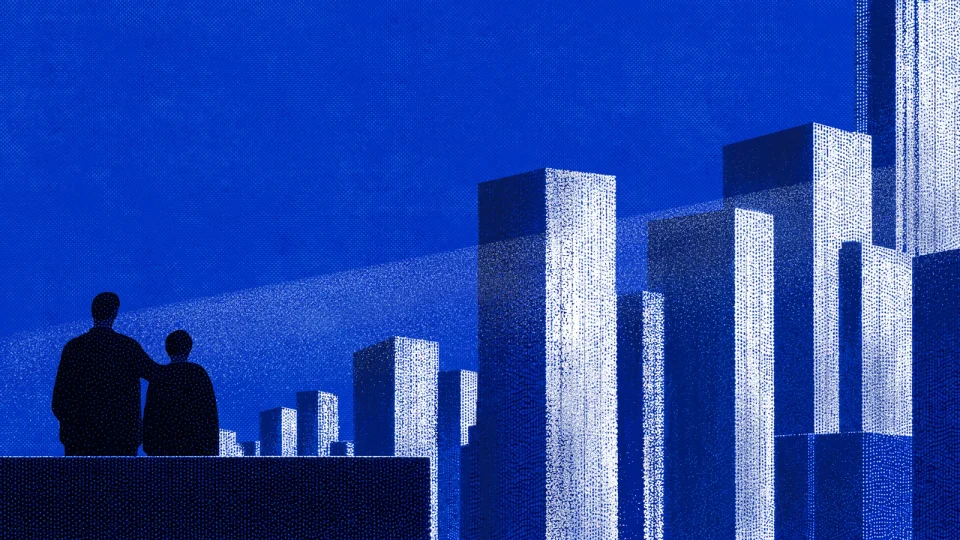 MAG7, shot one: a father and child at a parapet before a skyline of towers lit by a beam of light