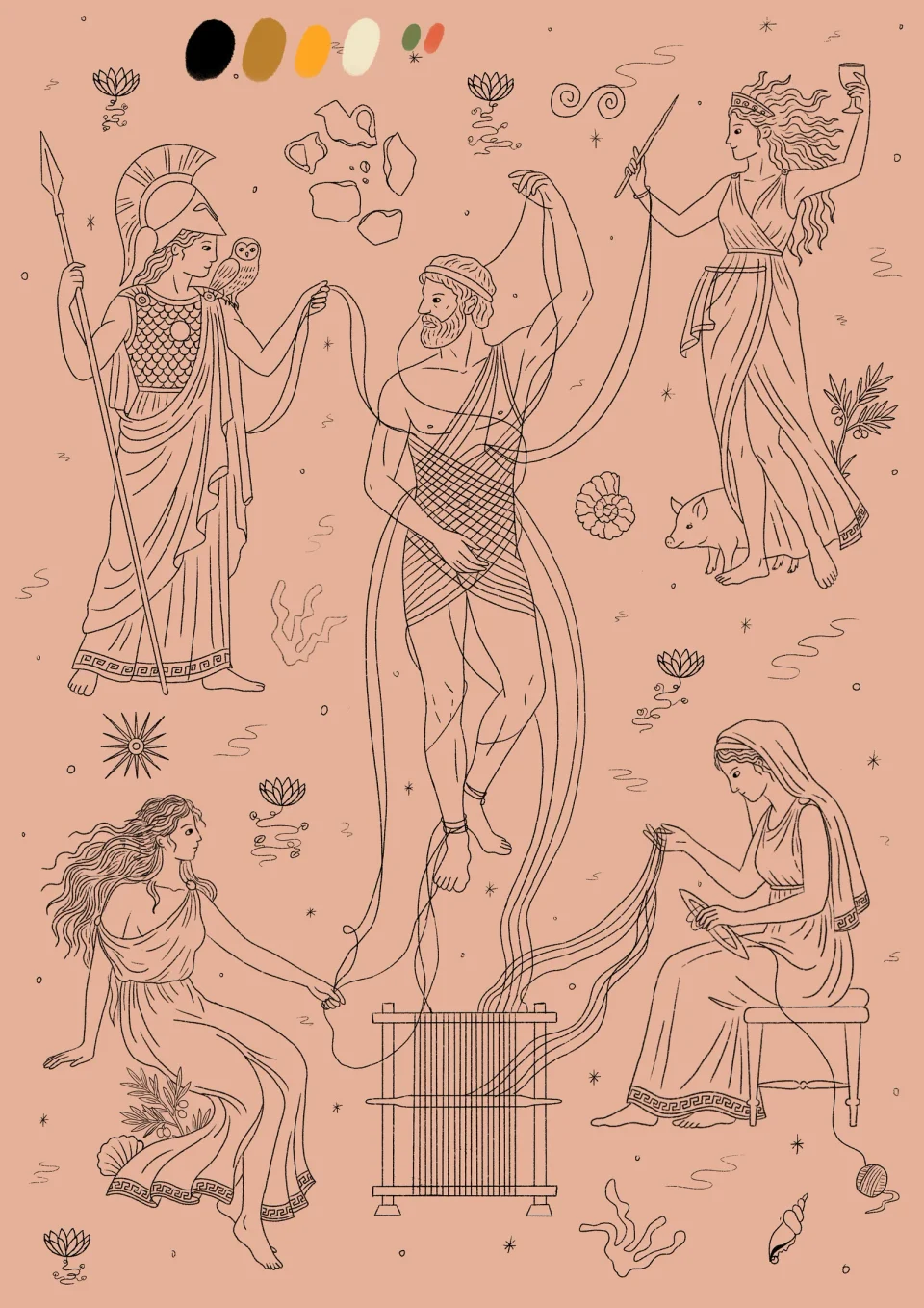 Peach-coloured composition study: four women hold threads around Odysseus, suspended above a loom; an owl, pig, flowers and six colour swatches surround the figures.