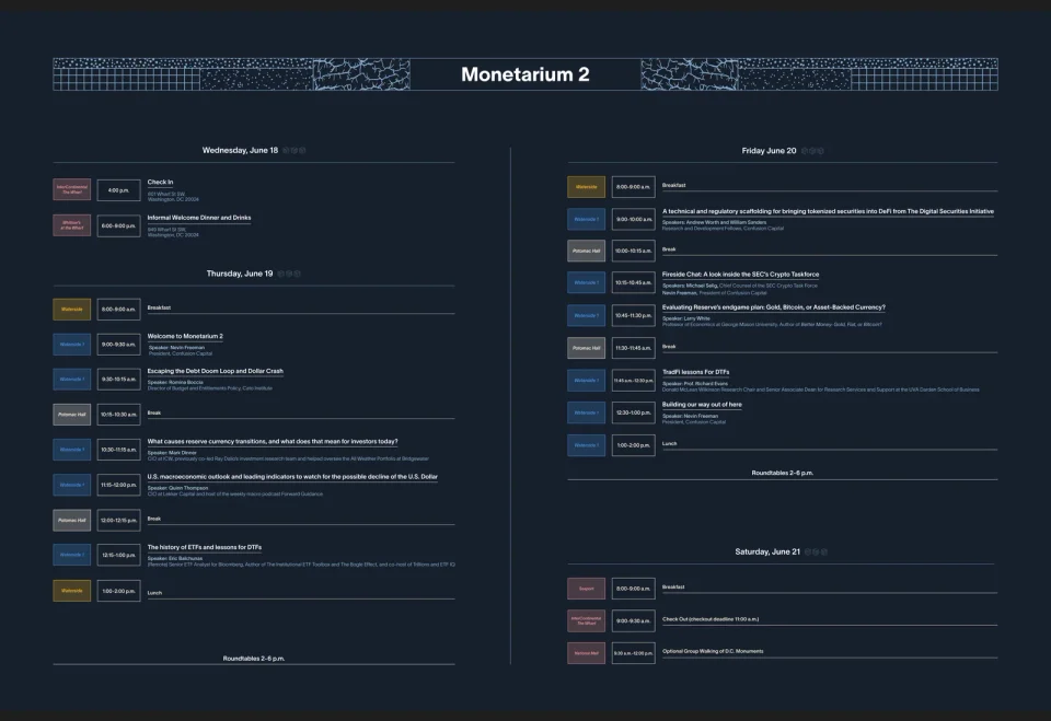 Monetarium 2 three-day agenda, designed for the event screens