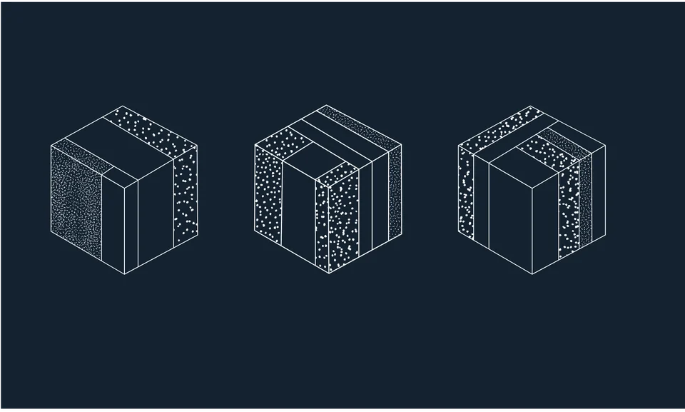 Three isometric modular cubes, white linework on navy