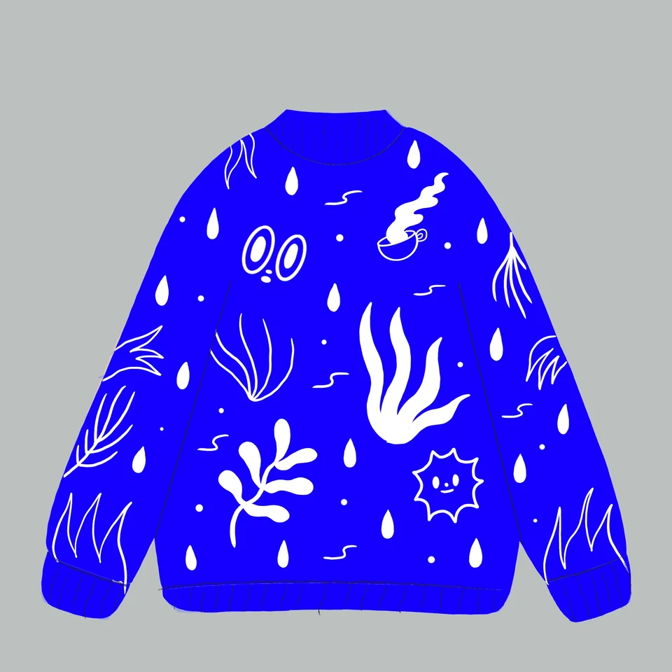 Drawing of the blue Rainy Day sweater with white botanical and weather motifs