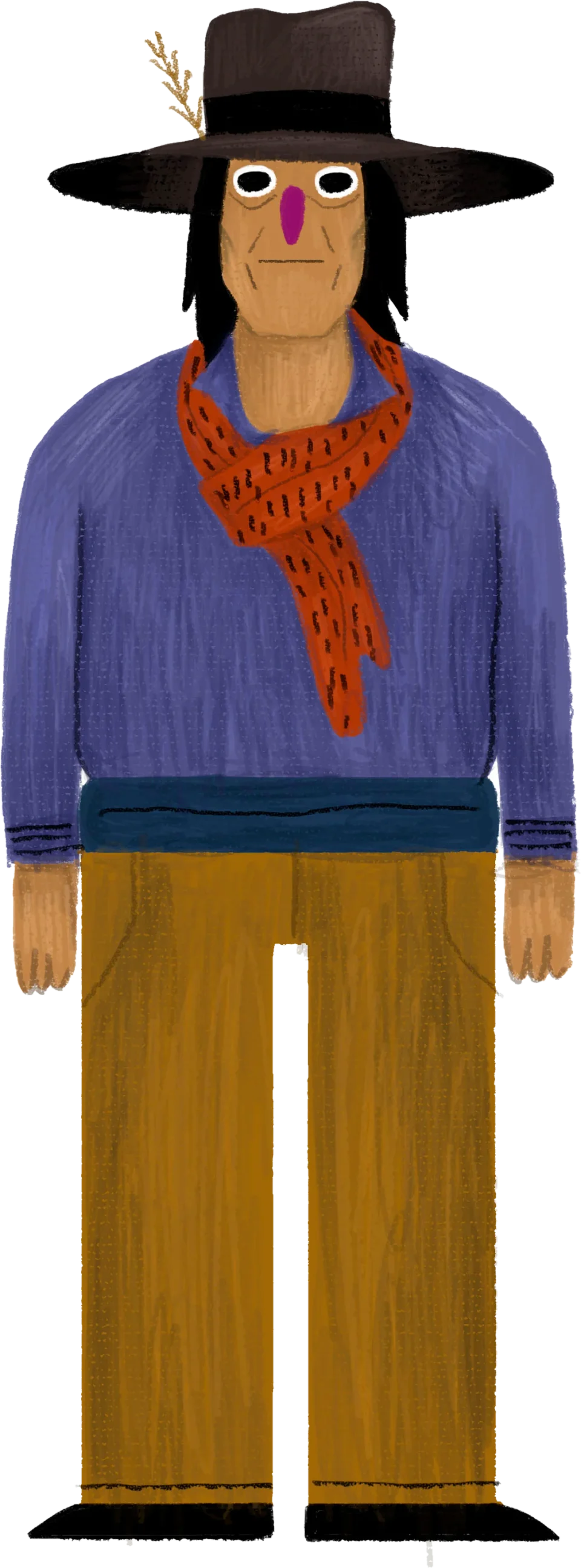 Injun Joe, a character of the Tom Sóyer book, in a hat and a purple shirt