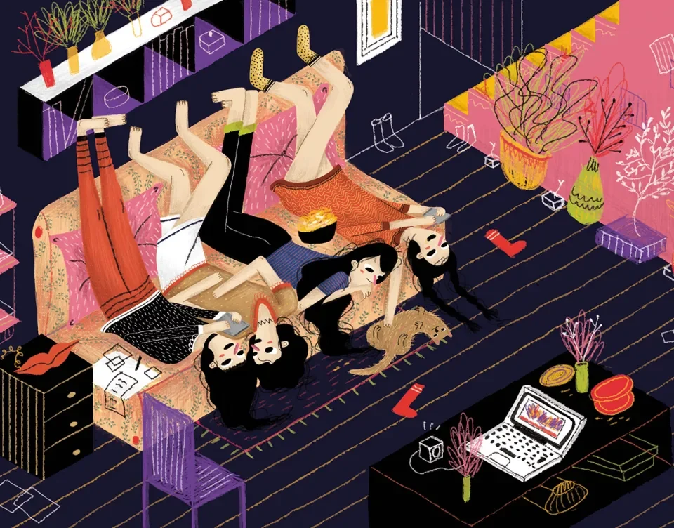 Friends sprawled across a room at night, seen from above