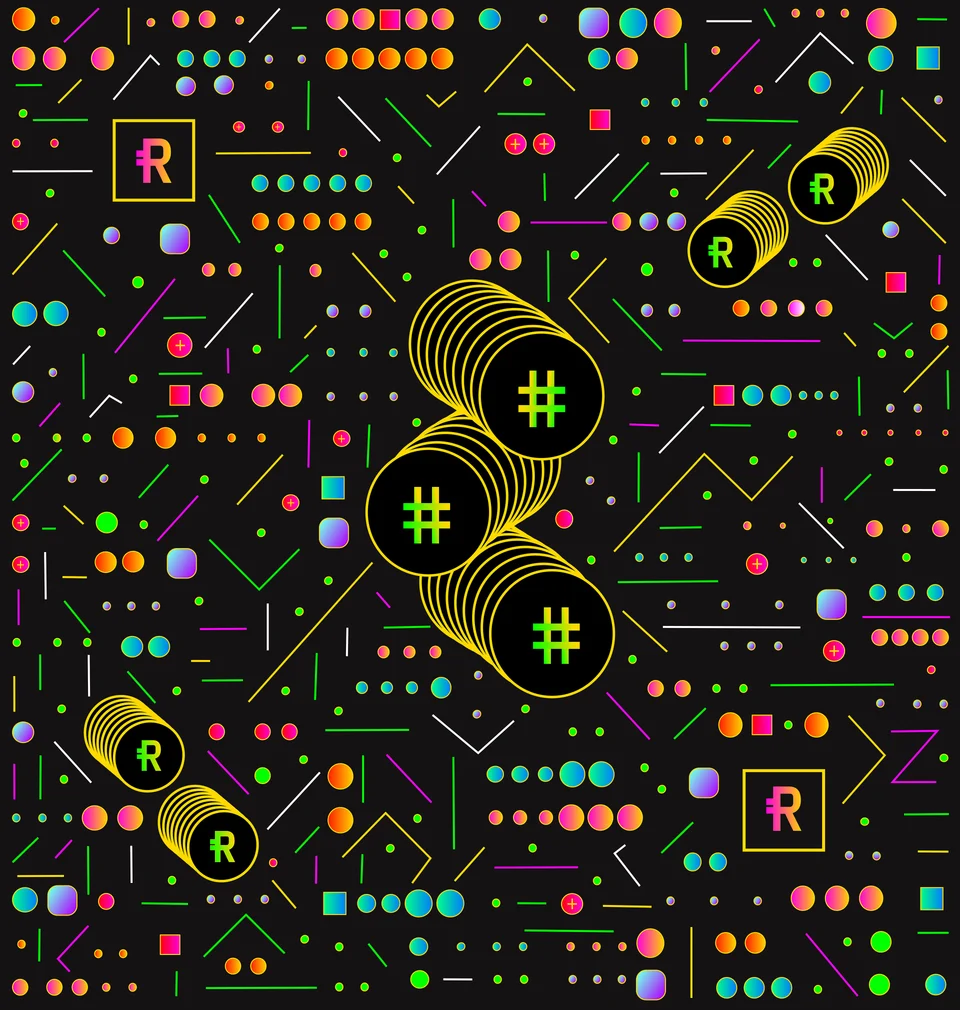 Reserve protocol illustration: interconnected currencies and symbols on black