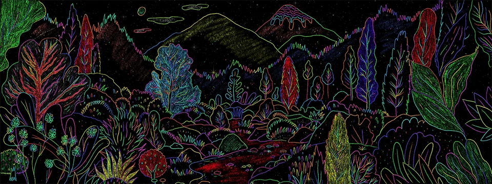 An illuminated forest of plants, animals and mountains from A Translating Body