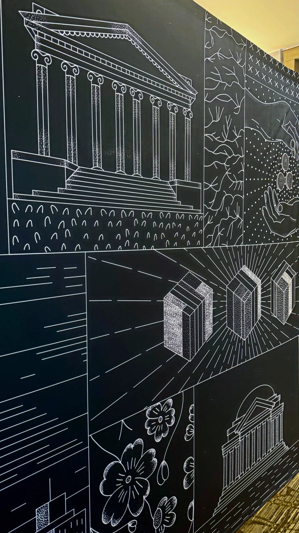 Detail of the printed Monetarium wall: Jefferson Building columns, cubes and cherry blossom