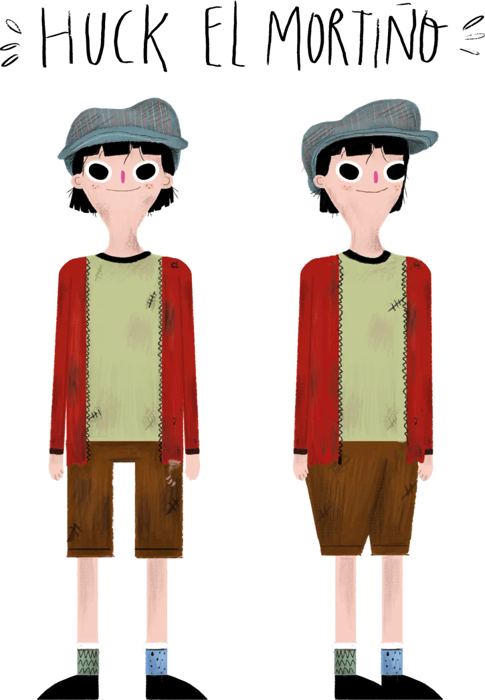 Huck el Mortiño, in two poses with his hand-lettered name