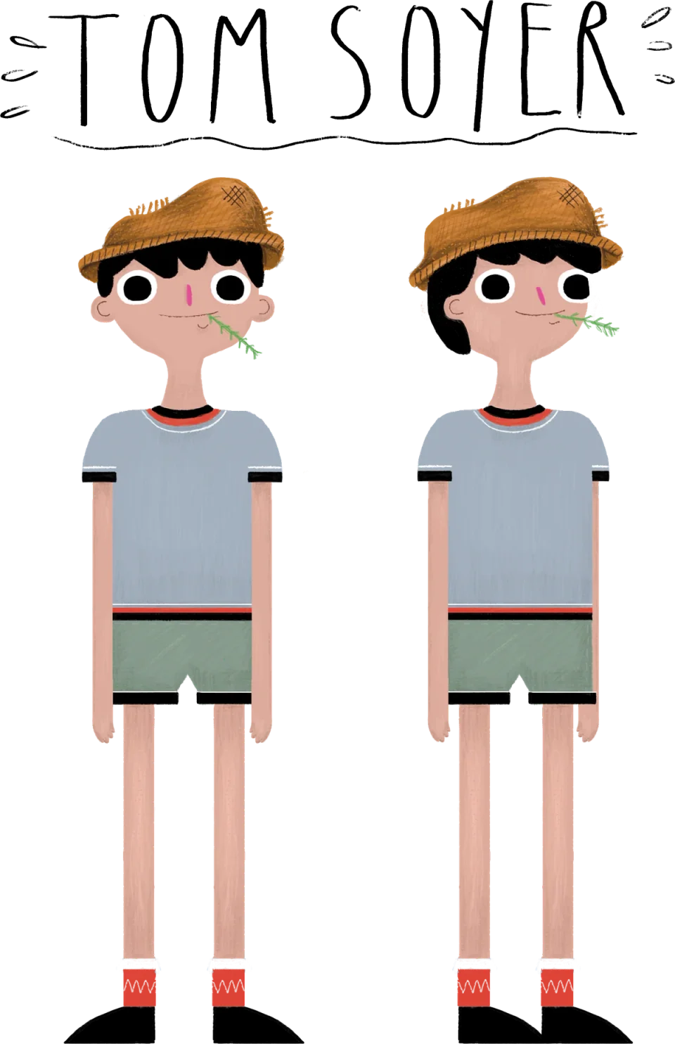 Tom Sóyer, the hero of the story, in two poses with his hand-lettered name