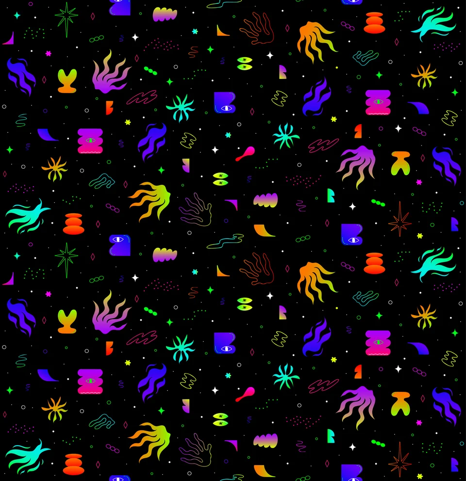 The Reserve Kimono pattern: multicoloured characters and symbols on black
