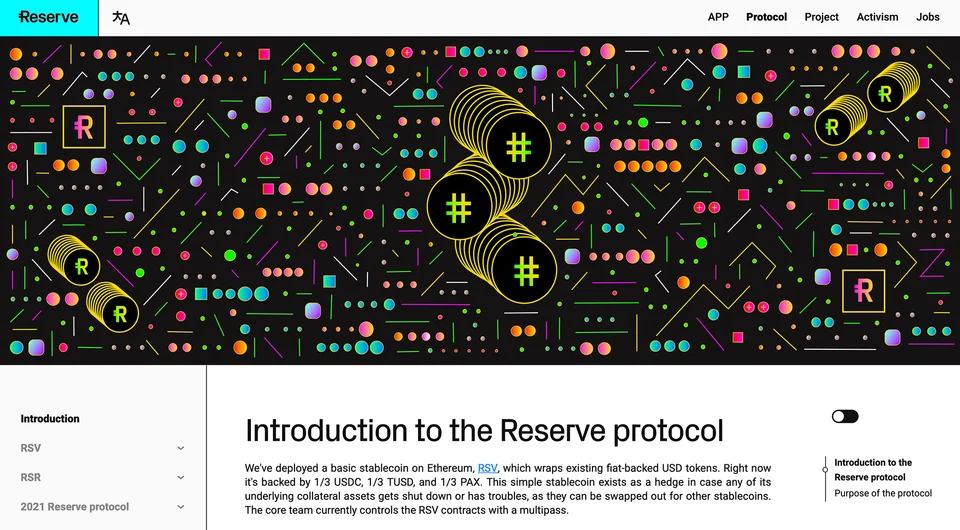 Original Reserve protocol page with its black illustrated pattern