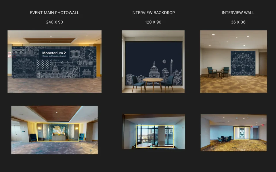 The three backings placed in the venue: the event photowall (240 × 90), the interview backdrop (120 × 90) and the interview wall (36 × 36)