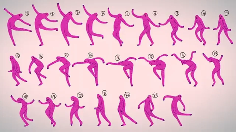 Twenty-four frames of a pink figure dancing, drawn one by one