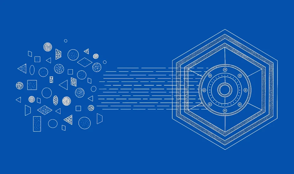 Geometric assets entering a vault, illustration for traditional finance wrappers
