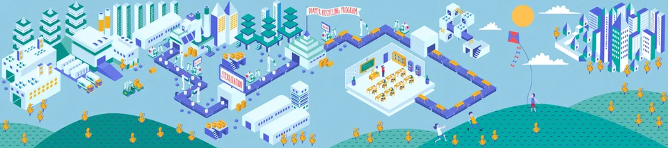 Wide isometric landscape with buildings, farms, factory and classroom
