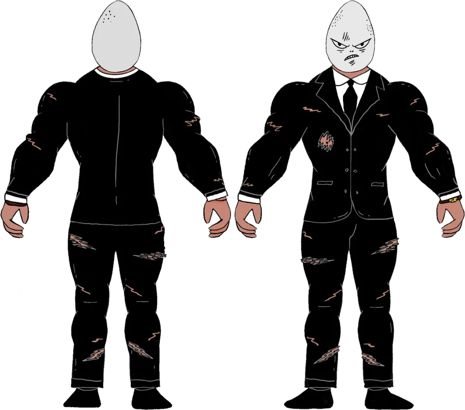 The villain of the UGLYCASH Manifesto, front and back: a muscular figure in a torn black suit with an egg for a head
