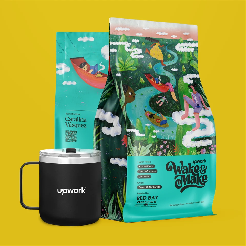 Wake+Make coffee bag and Upwork mug on yellow
