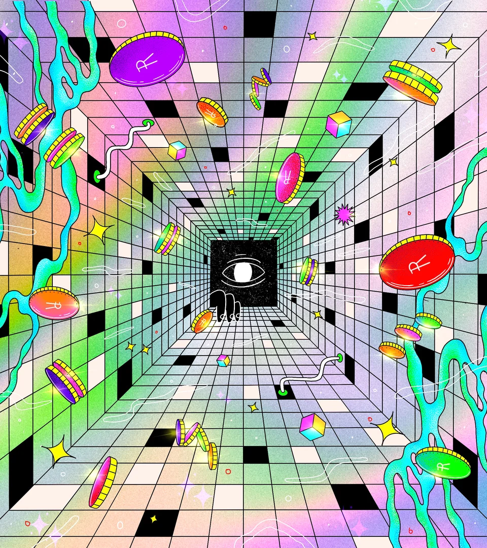 Homepage lead illustration: a tunnel of coloured squares with coins and hands
