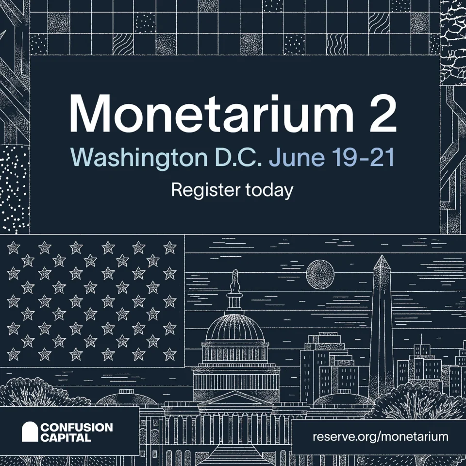 Register today card: Monetarium 2, Washington D.C., June 19 to 21, over the illustrated wall