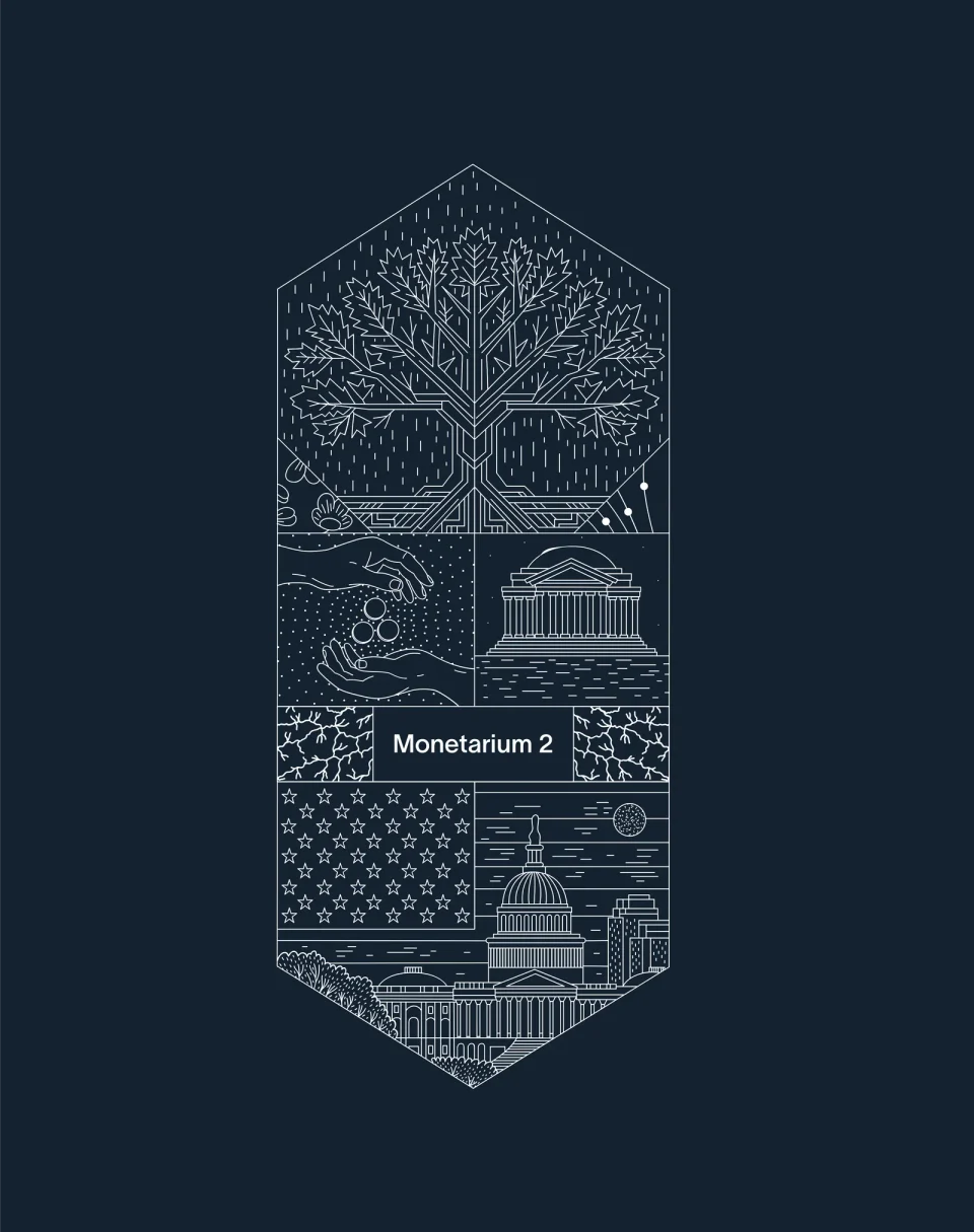 Monetarium 2 shirt artwork, vector: a hexagon with oak, hands, Jefferson Building, flag and Capitol, in white line on navy