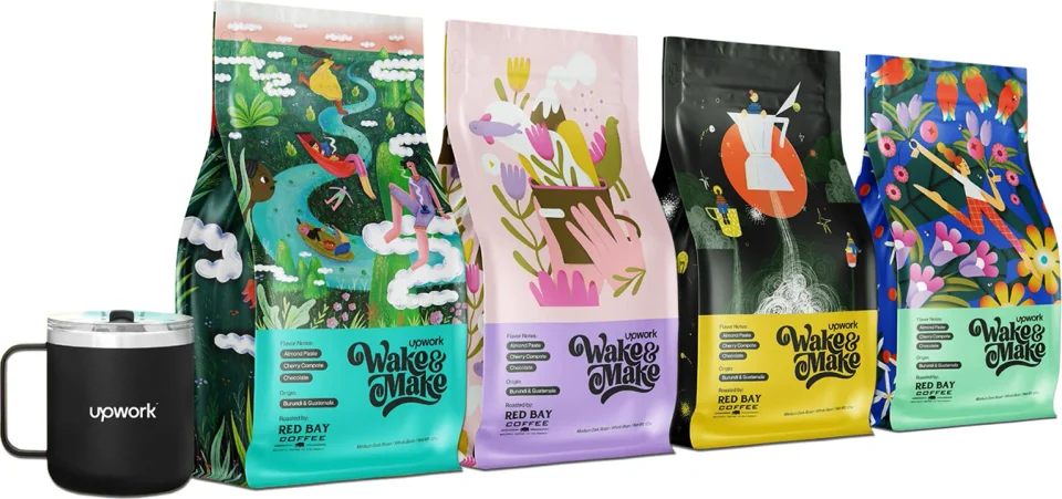 The Wake+Make Artist Series: six coffee bags, one per artist, side by side