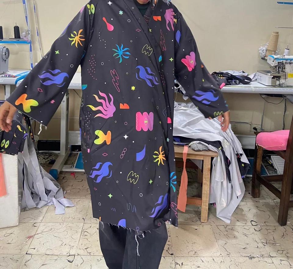 First Reserve Kimono fitting in the atelier, showing the full garment and sleeves