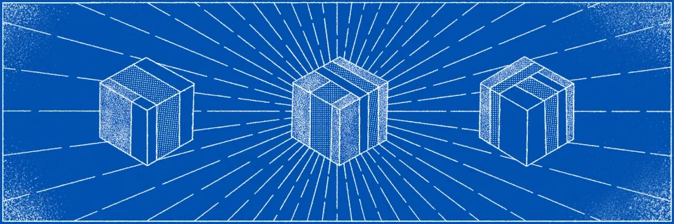 Three isometric RToken cubes with rays, white line on blue