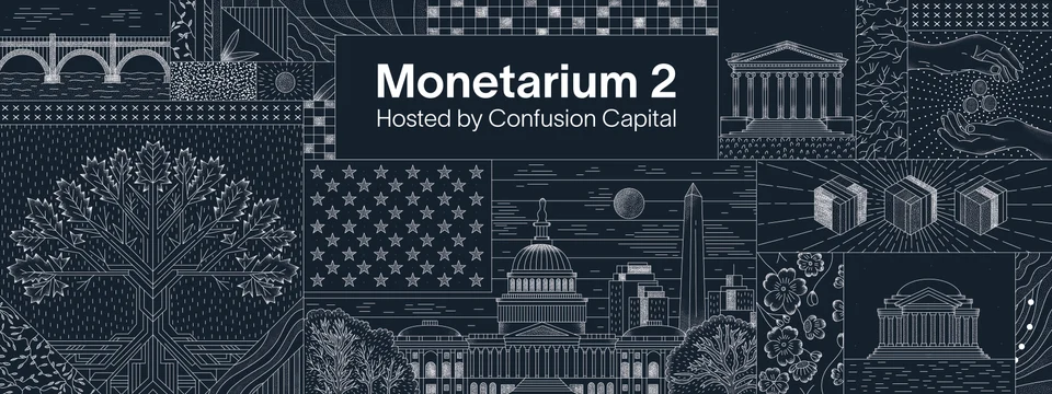 Monetarium 2025 key artwork: Washington monuments, oak leaves, hands and modular cubes